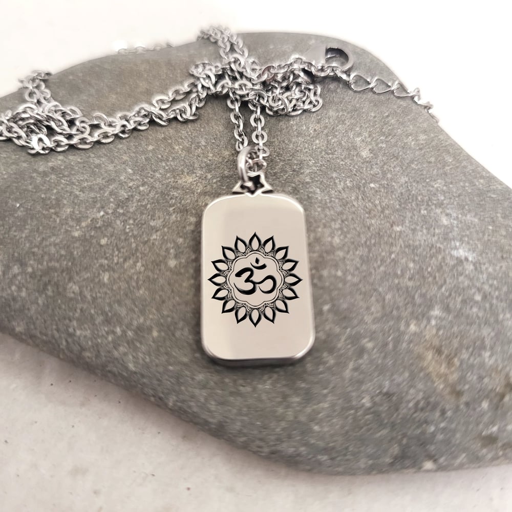 Image of Bullion Style OM Pendant Necklace with Star Top. (Silver Steel Color)