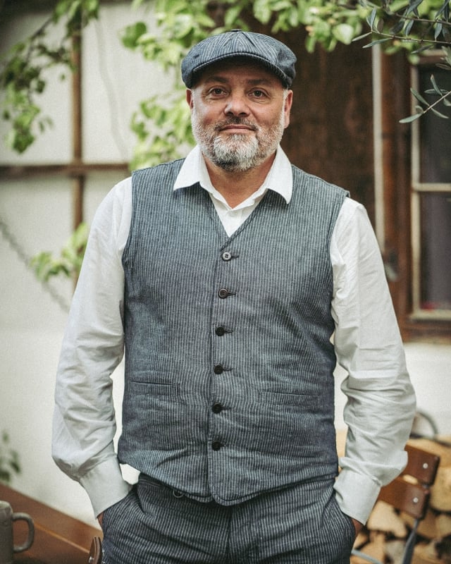 Image of 1905 Hauler Vest Grey Striped Linen by PIKE BROTHERS