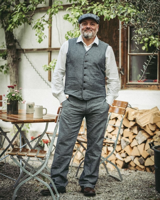 Image of 1905 Hauler Vest Grey Striped Linen by PIKE BROTHERS