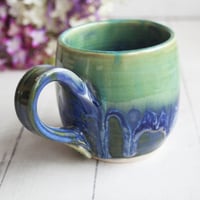 Image 6 of Blue and Green Pottery Mug with Dripping Glazes, 13 oz. Coffee Cup, Handmade in USA