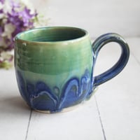 Image 2 of Blue and Green Pottery Mug with Dripping Glazes, 13 oz. Coffee Cup, Handmade in USA