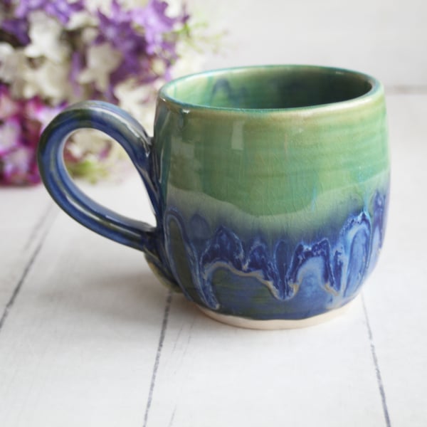 Image of Blue and Green Pottery Mug with Dripping Glazes, 13 oz. Coffee Cup, Handmade in USA