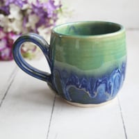 Image 1 of Blue and Green Pottery Mug with Dripping Glazes, 13 oz. Coffee Cup, Handmade in USA