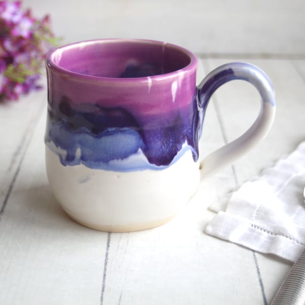 Image of Shades of Purple and White Pottery Mug with Dripping Glaze, 13 Ounce Ceramic Mug, Made in USA