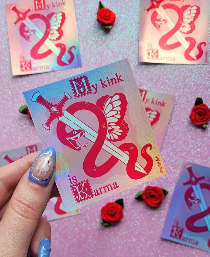 Image of My Kink is Karma 🐍 Pink Chappell Lyrics Holo Sticker