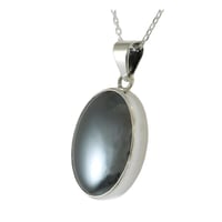Image 1 of Sterling Silver Oval Hematite Small Pendant Necklace - Handmade Gray 15x20mm Stone 18+2 inches Chain