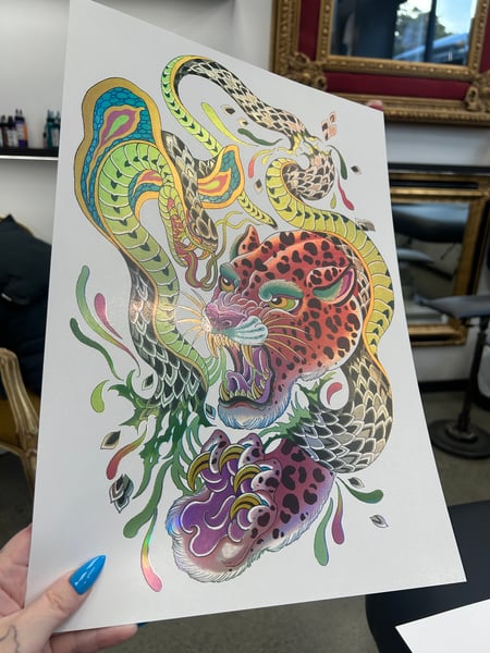 Image of Holographic Leopard vs Cobra A3 Print 