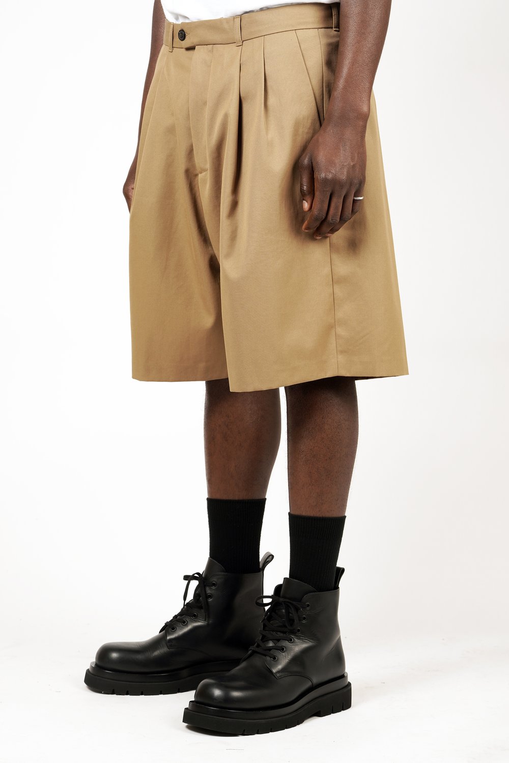 Image of Beige Cotton Gabardine Wide Pleated Shorts