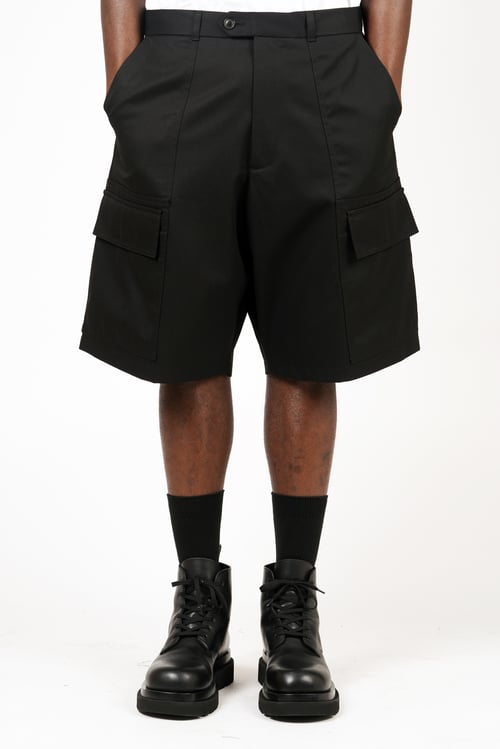 Image of Black Cotton Gabardine Paneled Cargo Shorts