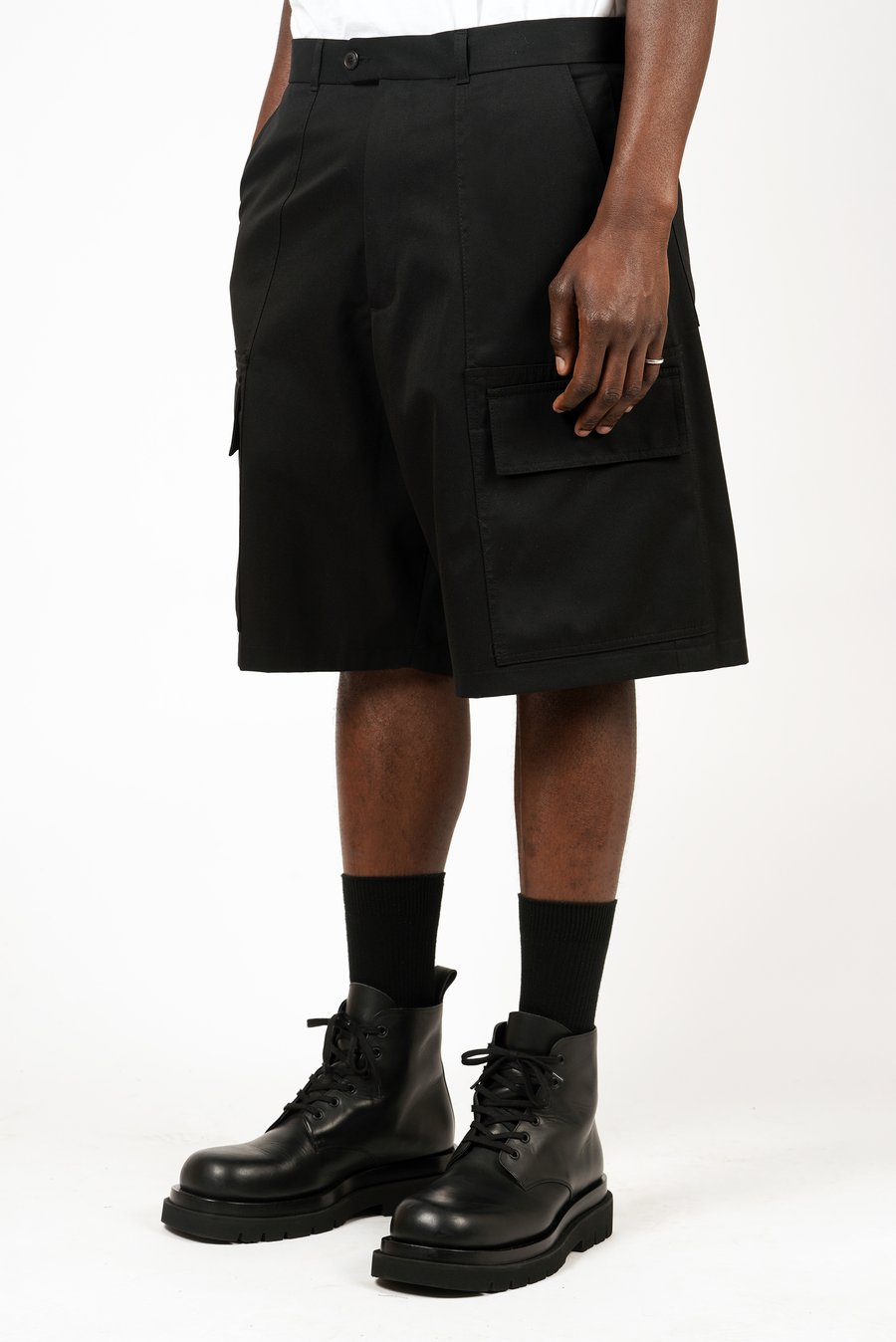 Image of Black Cotton Gabardine Paneled Cargo Shorts