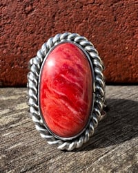 Image 2 of WL&A Handmade Heavy Ingot Molten Red Sponge Coral Thunderbird Ring - Size 13 