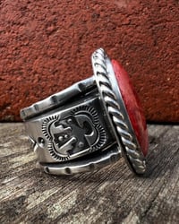Image 3 of WL&A Handmade Heavy Ingot Molten Red Sponge Coral Thunderbird Ring - Size 13 