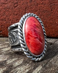 Image 1 of WL&A Handmade Heavy Ingot Molten Red Sponge Coral Thunderbird Ring - Size 13 