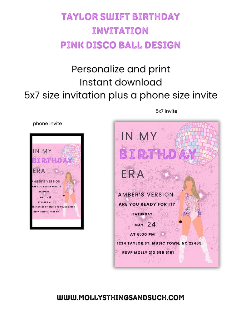 Image of Taylor Swift Inspired Pink & Purple Disco Ball Birthday Era Invitation