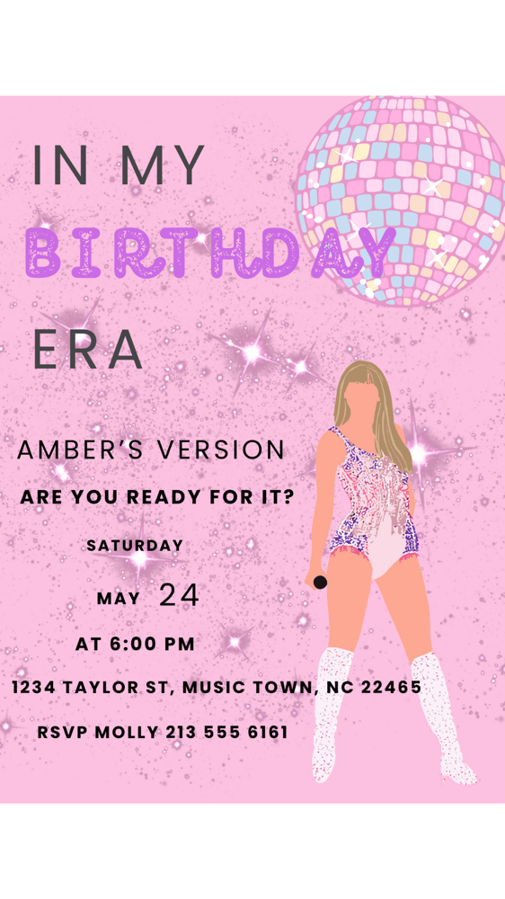 Image of Taylor Swift Inspired Pink & Purple Disco Ball Birthday Era Invitation