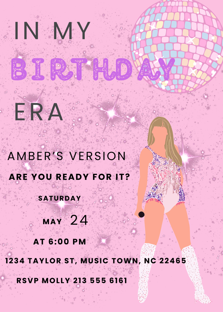 Image of Taylor Swift Inspired Pink & Purple Disco Ball Birthday Era Invitation