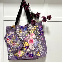 Image 1 of Cotton canvas tote bag and vanity pouch - Purple floral 