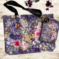 Image 5 of Cotton canvas tote bag and vanity pouch - Purple floral 