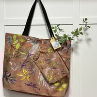 Image 1 of Cotton canvas tote bag and vanity pouch -Brown leaves