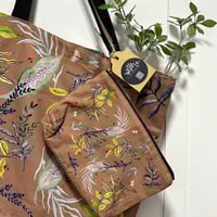 Image 2 of Cotton canvas tote bag and vanity pouch -Brown leaves