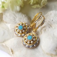 Image 4 of Old World Charm - Swarovski Clear Crystal, Pearl, and Turquoise Earring