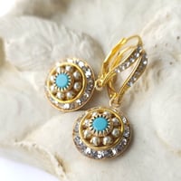 Image 2 of Old World Charm - Swarovski Clear Crystal, Pearl, and Turquoise Earring