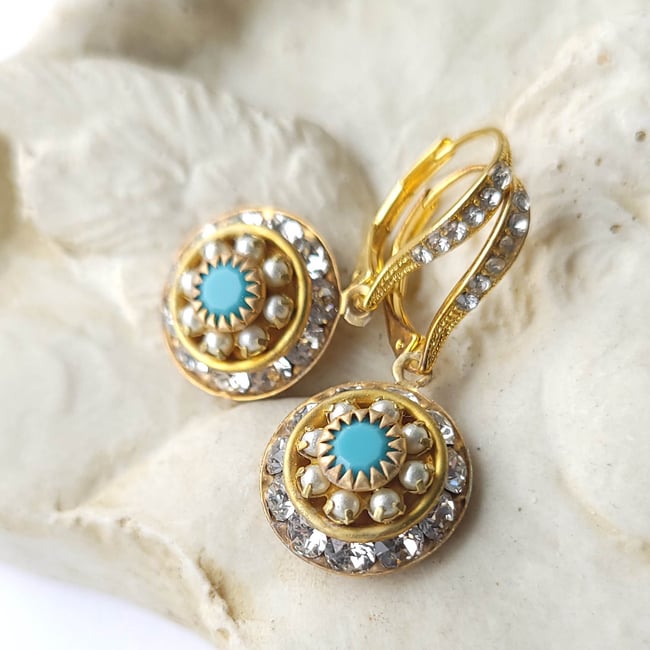 Old World Charm - Swarovski Clear Crystal, Pearl, and Turquoise Earring
