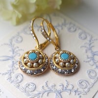 Image 12 of Old World Charm - Swarovski Clear Crystal, Pearl, and Turquoise Earring
