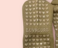 Image 3 of Tan Sock / Pink Bow / Minimalist Design / Pop of Pink / Luvrgirl / Grip socks / Heart Grips