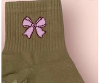 Image 4 of Tan Sock / Pink Bow / Minimalist Design / Pop of Pink / Luvrgirl / Grip socks / Heart Grips