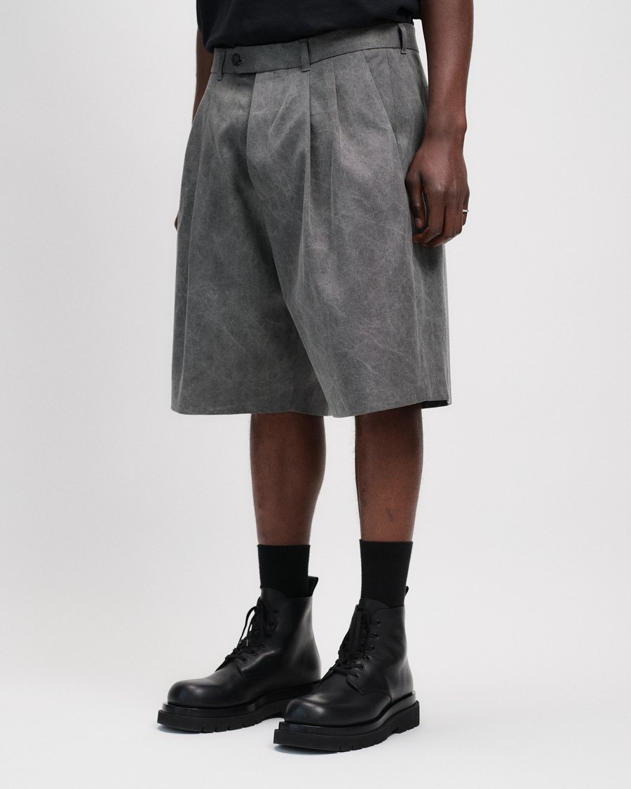 Image of Grey Washed Cotton Denim Wide Pleated Shorts