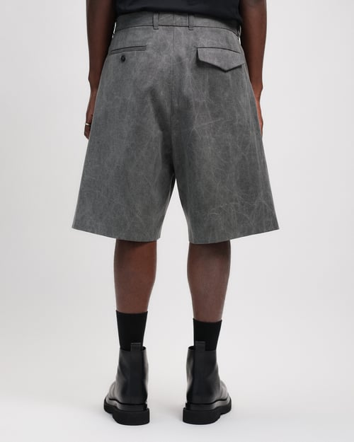 Image of Grey Washed Cotton Denim Wide Pleated Shorts