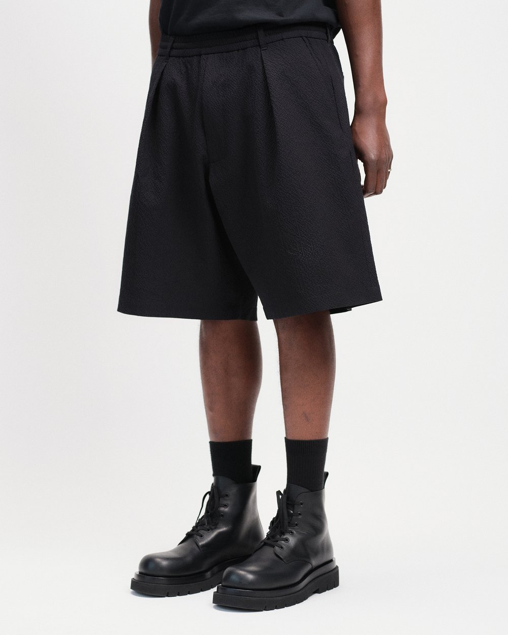 Image of Black Seersucker Cotton Track Shorts