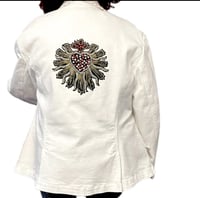 Image 2 of Women's Nine West White Denim Blazer,  SZ 16 , Embellished w- pearls, pins & patches 