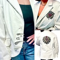 Image 3 of Women's Nine West White Denim Blazer,  SZ 16 , Embellished w- pearls, pins & patches 