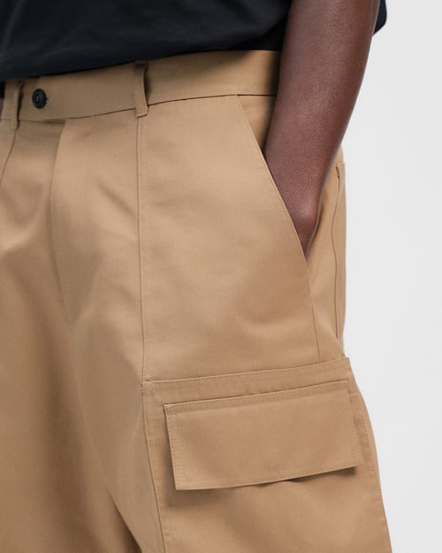 Image of Beige Cotton Gabardine Paneled Cargo Shorts