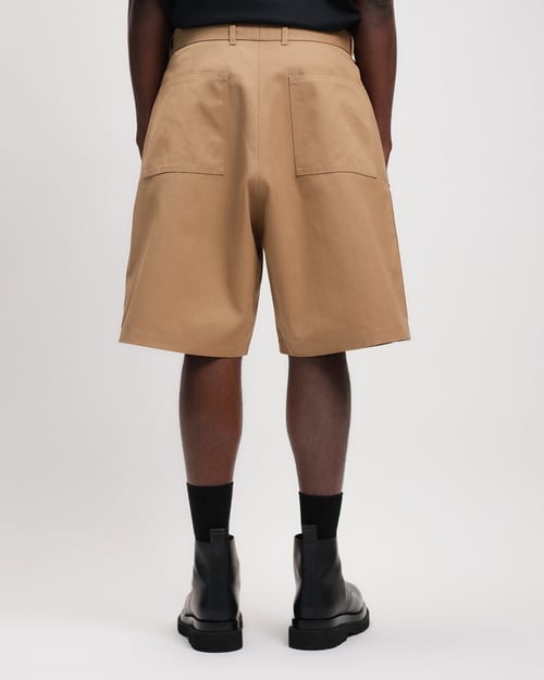 Image of Beige Cotton Gabardine Paneled Cargo Shorts