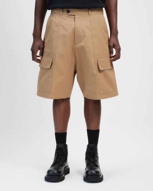 Image of Beige Cotton Gabardine Paneled Cargo Shorts