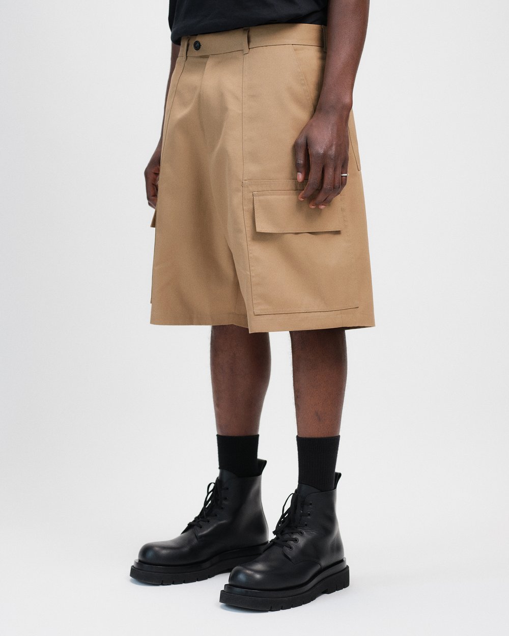 Image of Beige Cotton Gabardine Paneled Cargo Shorts