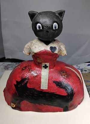 Image of Scruffy Little Herbert + Paine Proffitt ceramic collaboration - Red Dress Black Cat