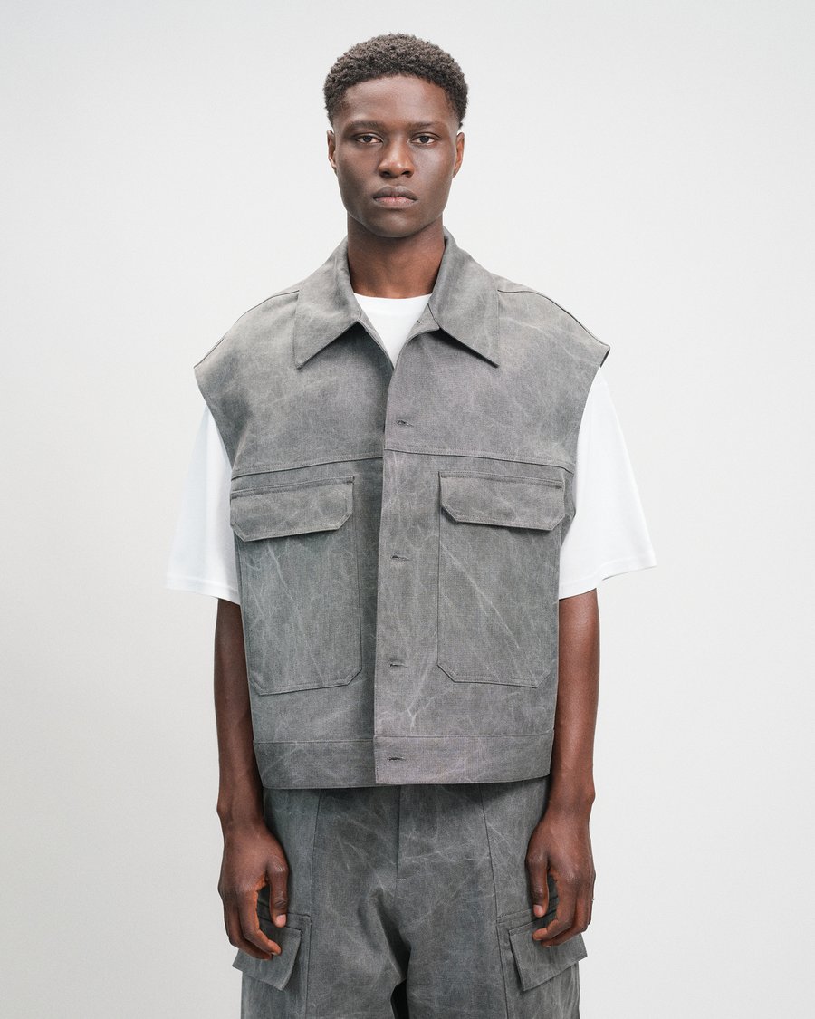 Image of Grey Washed Cotton Denim Workwear Vest