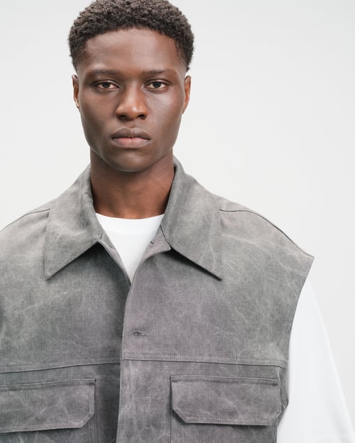 Image of Grey Washed Cotton Denim Workwear Vest
