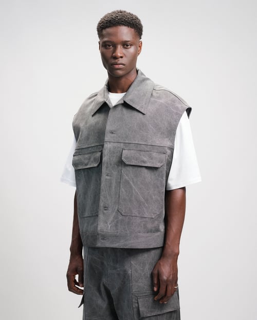 Image of Grey Washed Cotton Denim Workwear Vest