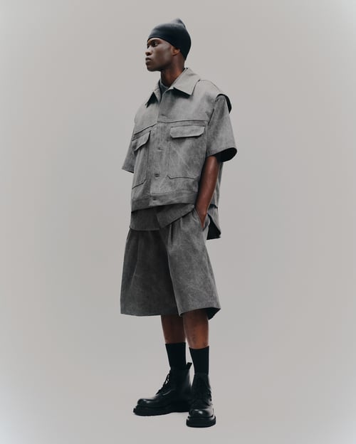 Image of Grey Washed Cotton Denim Workwear Vest