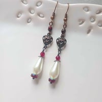 Image 1 of Renaissance copper filigree hearts long earrings handmade with red faceted & ivory glass pearl beads