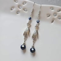 Image 1 of Victorian silver hand charm long earrings handmade with black faceted glass beads