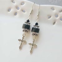 Image 1 of Gothic silver cross charm earrings handmade with faceted matt black faceted glass beads