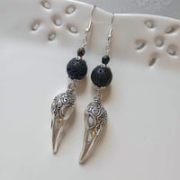 Image 1 of Gothic Raven Skulls Black Lava Bead Earrings, Pierced or Clip On