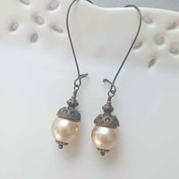 Image 1 of Bohemian Czech Glass Pearl Long Dangle Earrings in Cream & Bronze