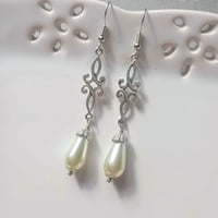 Image 1 of Art Deco Flourish Pearl Teardrop Earrings, White Ivory
